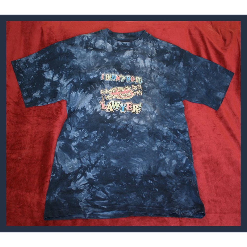 vintage 90s B.U.M. tie-dyed blue t-shirt with I Didn't Do It logo size XL - NWOT